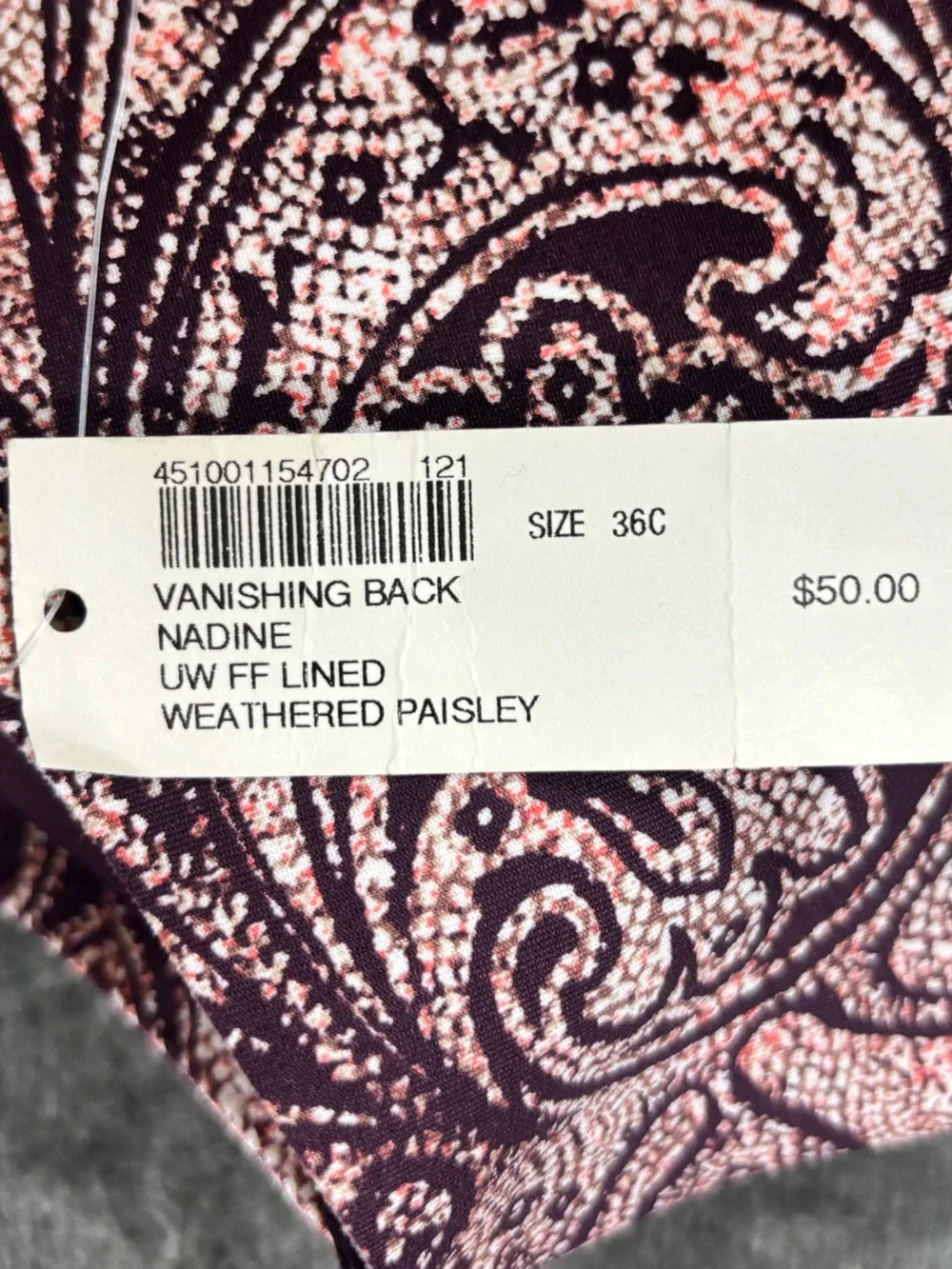 NWT Soma Nadine Vanishing Back Bra 36C in Weathered‎ Paisley pattern